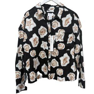 Nicole Miller Linen Shirt Womens Medium Black Seashell Print Button Front NWT